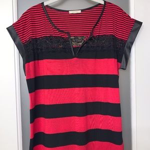 Pleione Red and Black Stripe Top with lace size M